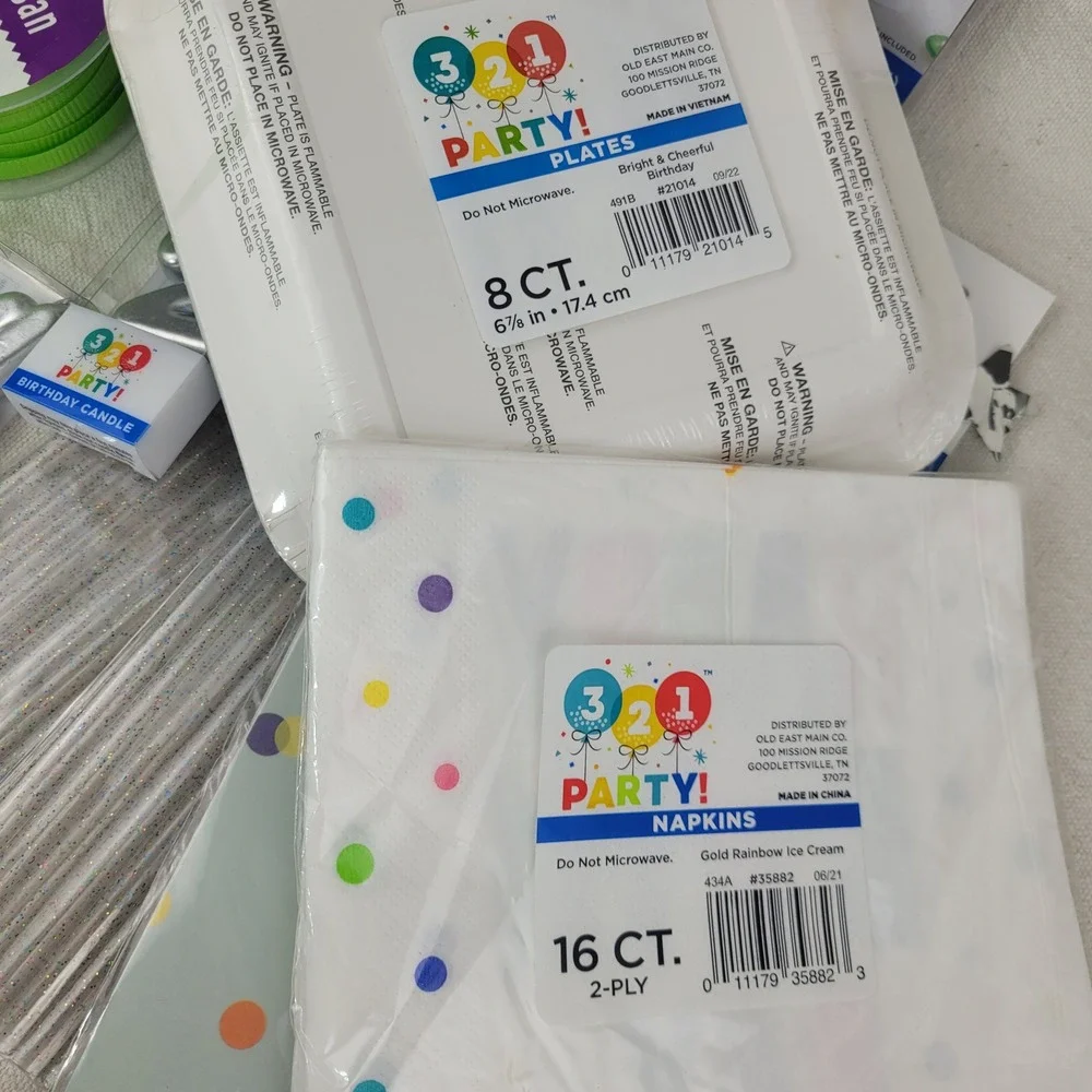 321 Party Birthday Decoration Lot Plates Napkins Sash Candles Etc Silver Rainbow